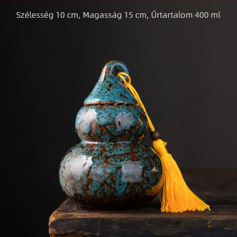 Nagy kerámia tök alakú teásüveg, kemencés mázzal, hordozható, dekoratív zárható tároló logóval