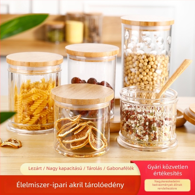 Kerek, átlátszó akril konyhai tárolóedény gabonához és teához, nedvességálló, légmentesen záródó, 800–1000 ml