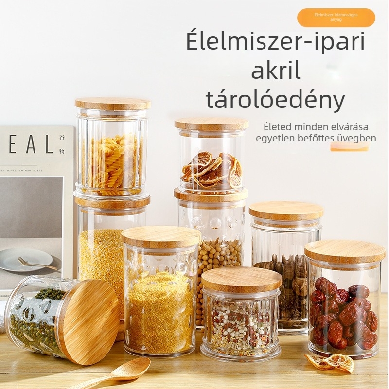 Kerek, átlátszó akril konyhai tárolóedény gabonához és teához, nedvességálló, légmentesen záródó, 800–1000 ml
