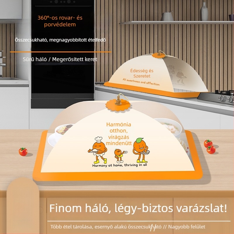 Nagy méretű ételfedő hálóval, por- és rovarbiztos, univerzális az asztalhoz, maradékok tárolására, összecsukható, megerősített, légáteresztő háló