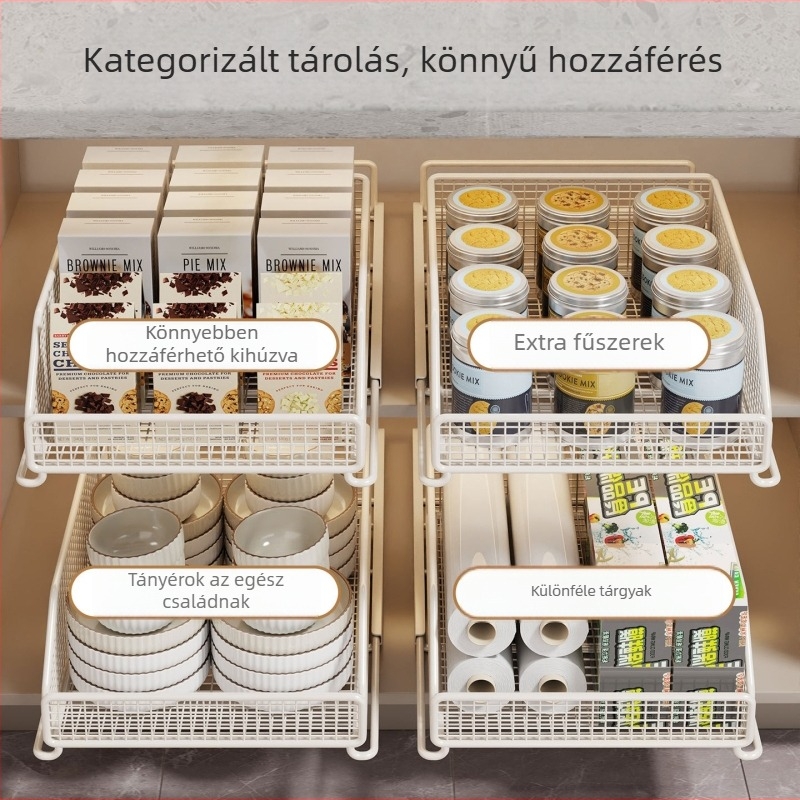 Konyhai kihúzható tároló polc a szekrényben, belső rétegzett polc, mosogató alatti lehúzható kosár, többfunkciós tároló