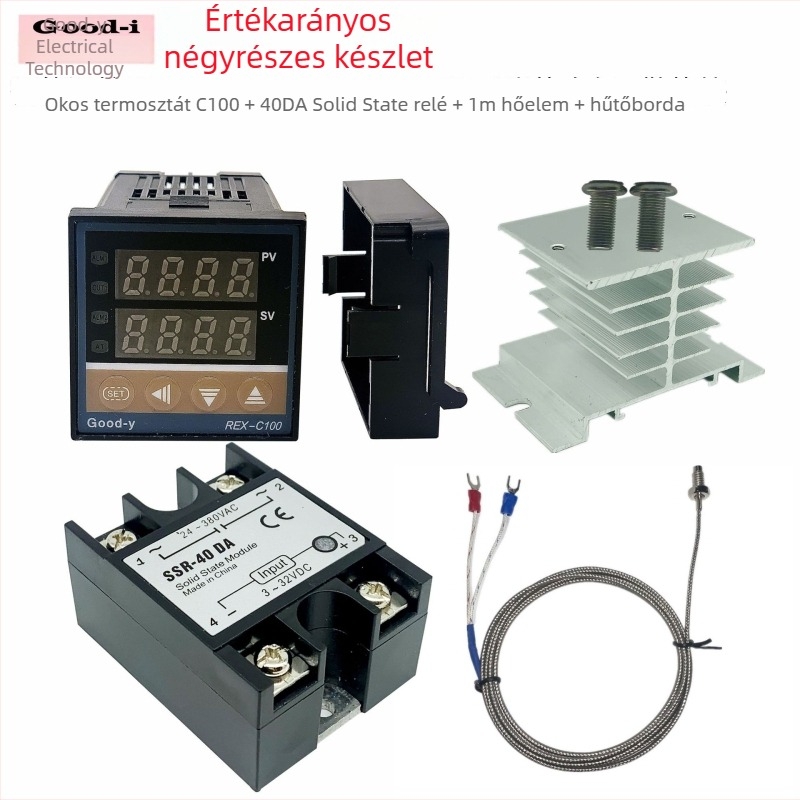 REX-C100 hőmérséklet-szabályozó termopárral (1 m), szilárdállapotú relével és hűtőbordával