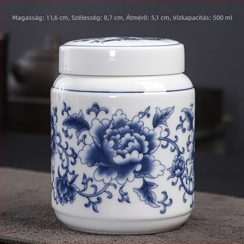 Kék-fehér porcelán retro kerámia tégely hagyományos kínai orvosi készítményekhez, mézhez, porhoz és teához, lezárt tégely