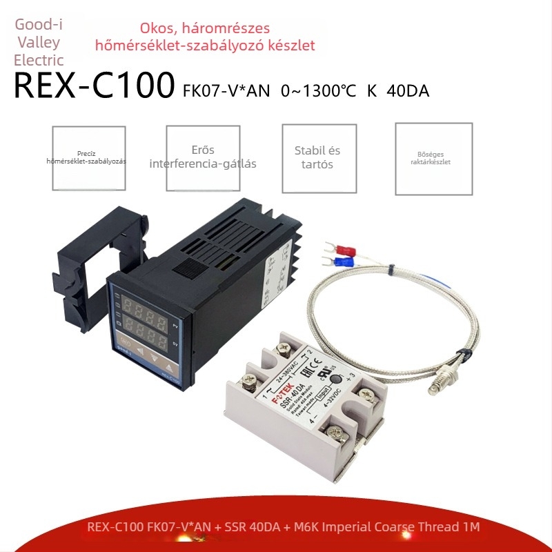 Ipari hőmérséklet-szabályozó REX-C100FK07-VAN hosszú változat, szilárdtest technológiával és hőmérséklet-érzékelő vezetékkel – háromrészes készlet a hőmérséklet-szabályozáshoz