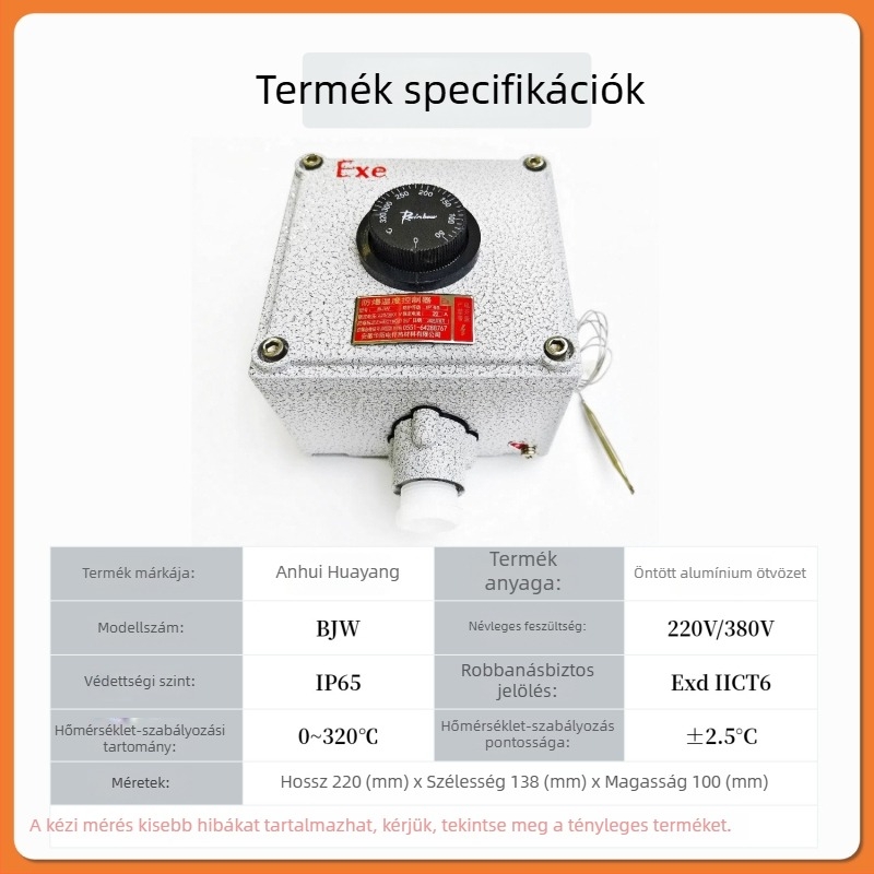 Prémium elektromos fűtéshez tervezett hőmérséklet-szabályozó, robbanásbiztos és lángálló kivitelben, öntött alumínium ötvözet, gombos típusú vezérléssel BJW 220V/380V