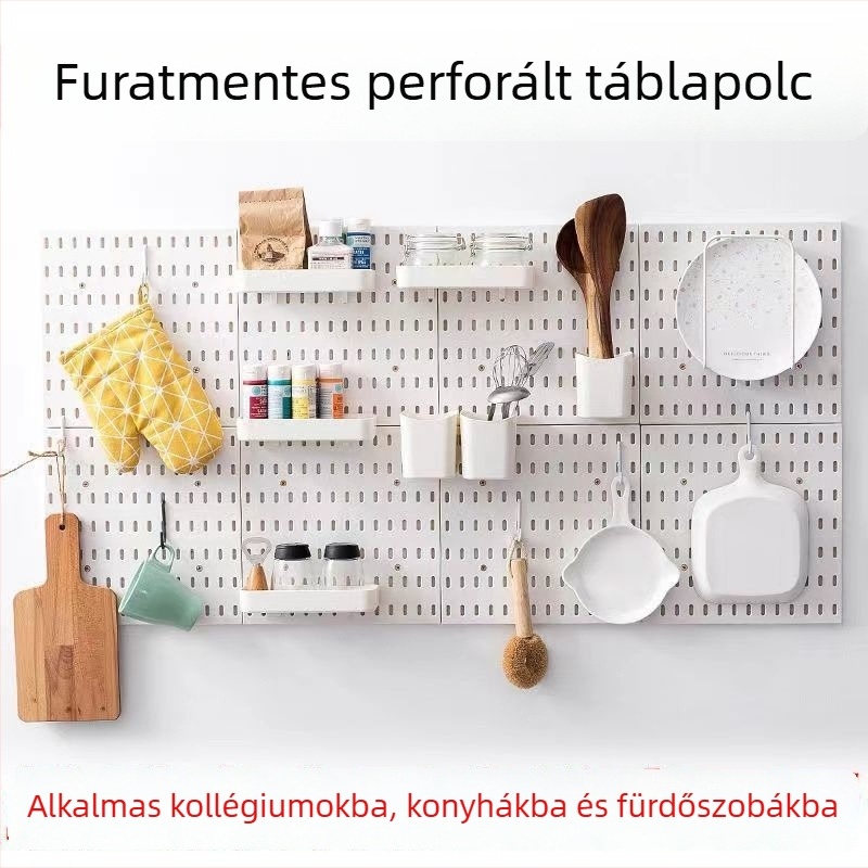 Fali perforált panel fúrás nélkül – tárolópolcok és akasztók kollégiumi szobába és a konyhába