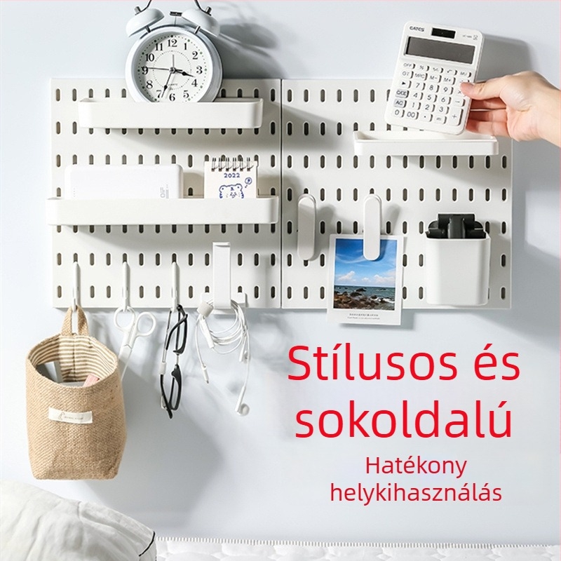Fali perforált panel fúrás nélkül – tárolópolcok és akasztók kollégiumi szobába és a konyhába