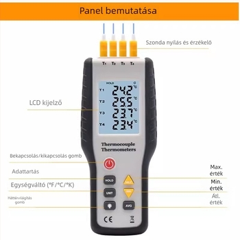 Xinsite HT-9815 termopáros hőmérő, négycsatornás, K-típusú, ipari nagy pontosságú műszer