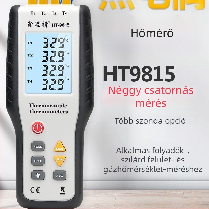 Xinsite HT-9815 termopáros hőmérő, négycsatornás, K-típusú, ipari nagy pontosságú műszer
