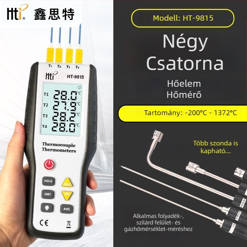Xinsite HT-9815 termopáros hőmérő, négycsatornás, K-típusú, ipari nagy pontosságú műszer
