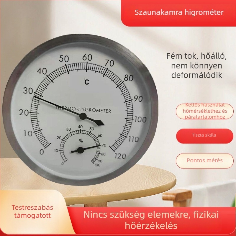 Fémérzékelős mutatóhőmérő és páratartalom-mérő szaunához, beltéri uszodához és fürdőhöz