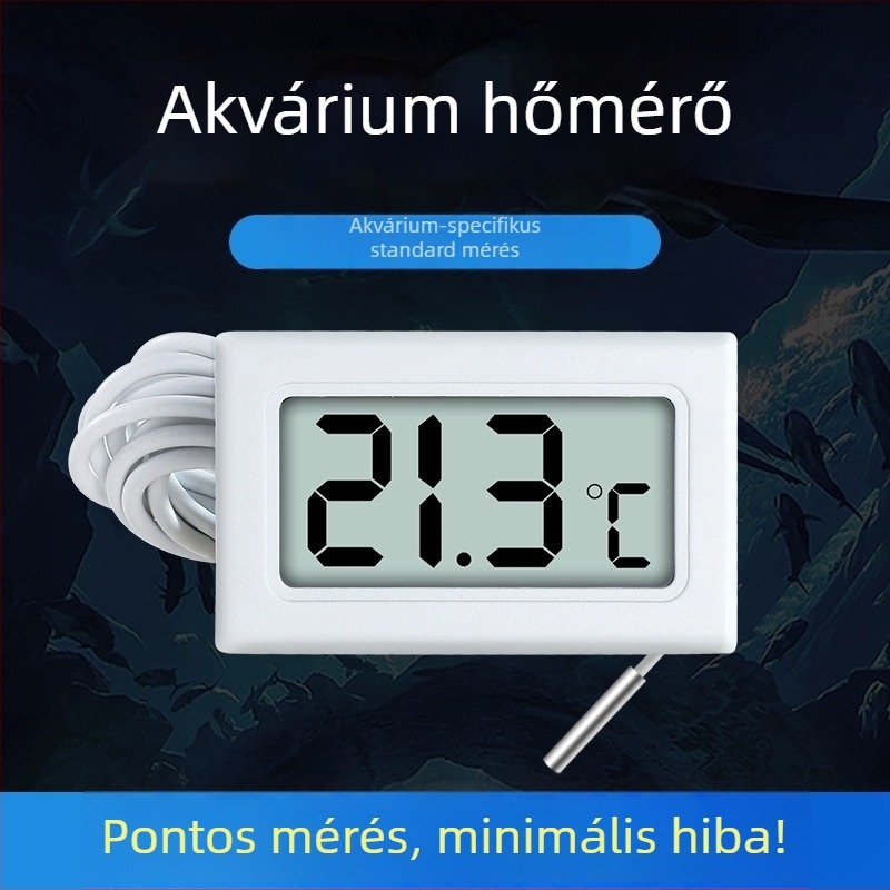 Akvárium vízének hőmérsékletét mérő digitális hőmérő szenzorral, belső használatra tervezve, nagy pontossággal.