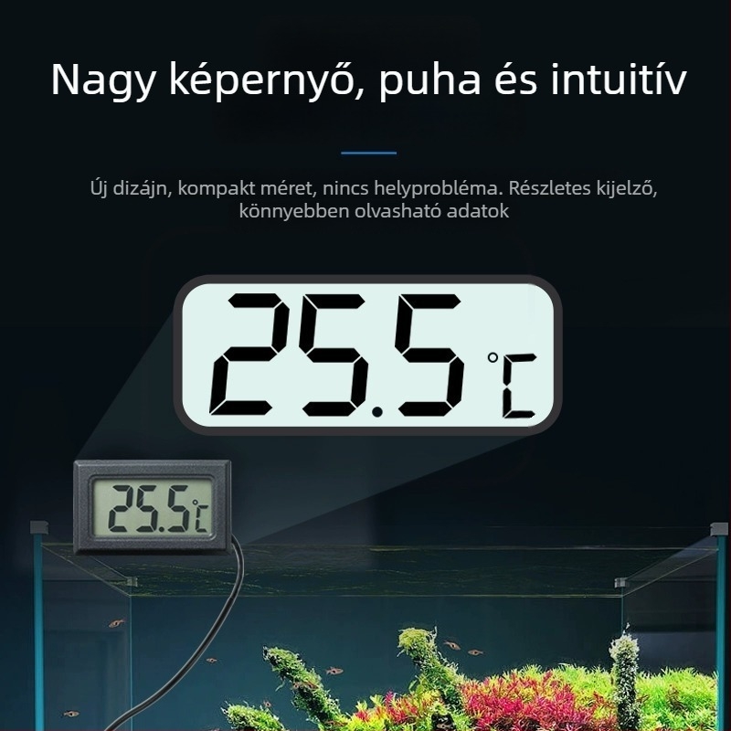 Akvárium vízének hőmérsékletét mérő digitális hőmérő szenzorral, belső használatra tervezve, nagy pontossággal.