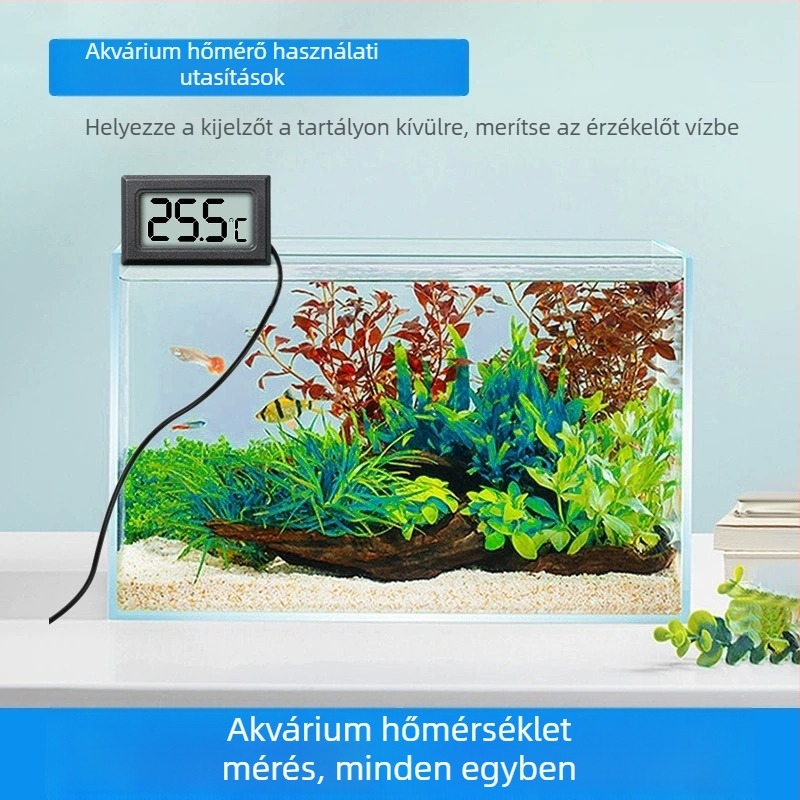 Akvárium vízének hőmérsékletét mérő digitális hőmérő szenzorral, belső használatra tervezve, nagy pontossággal.