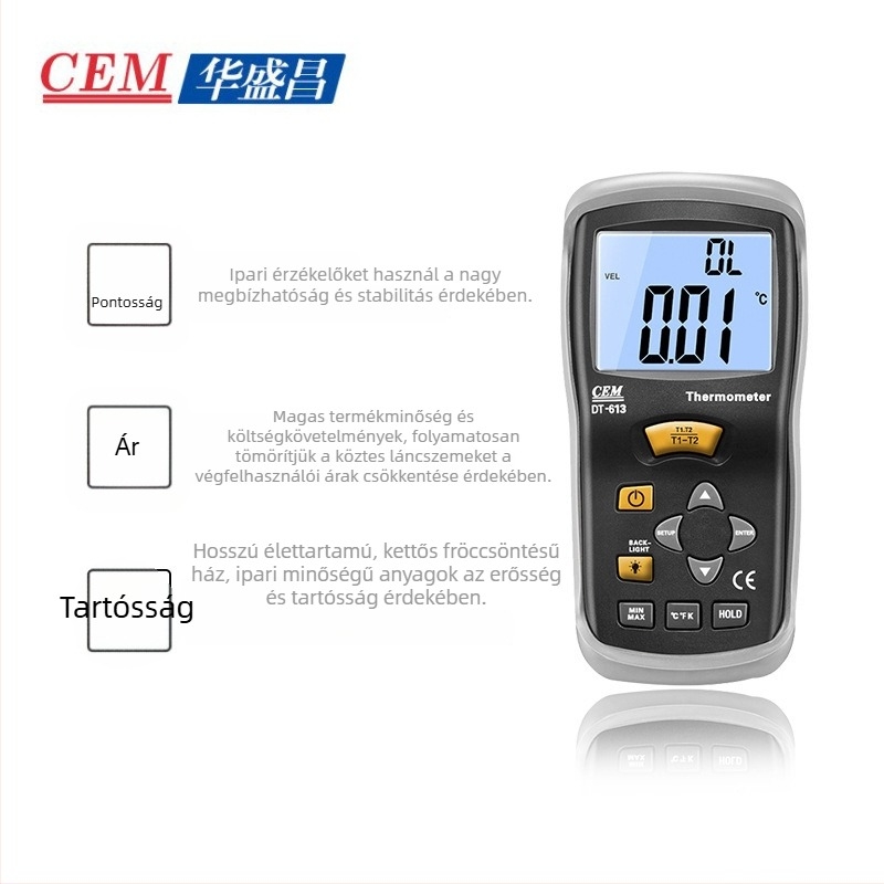 DT-613 Ipari digitális hőmérő szenzorral, kétcsatornás K-típusú termopár mérő