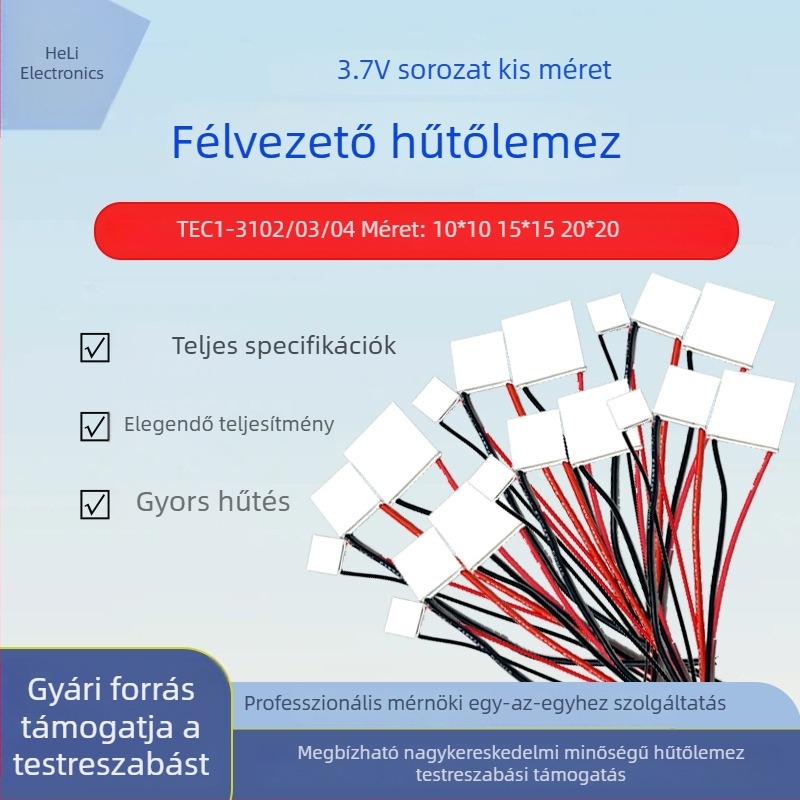 Kis méretű, alacsony teljesítményű termoelektrikus hűtőlemez, méretek 10×10, 15×15, 20×20, TEC1-3102/03/04