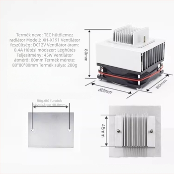 TEC hűtőchiphez tervezett radiátor, levegőhűtés, 8 cm, 12V 45W