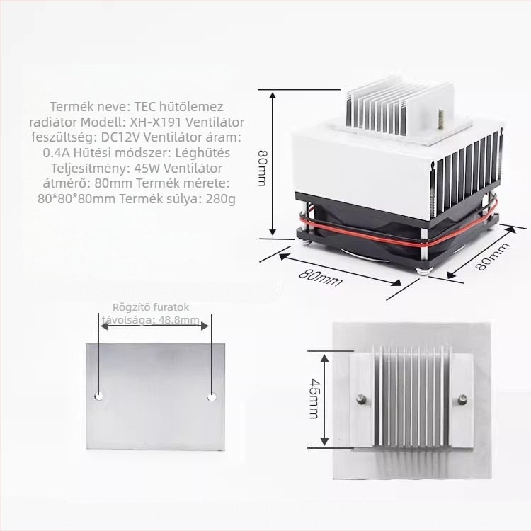 TEC hűtőchiphez tervezett radiátor, levegőhűtés, 8 cm, 12V 45W