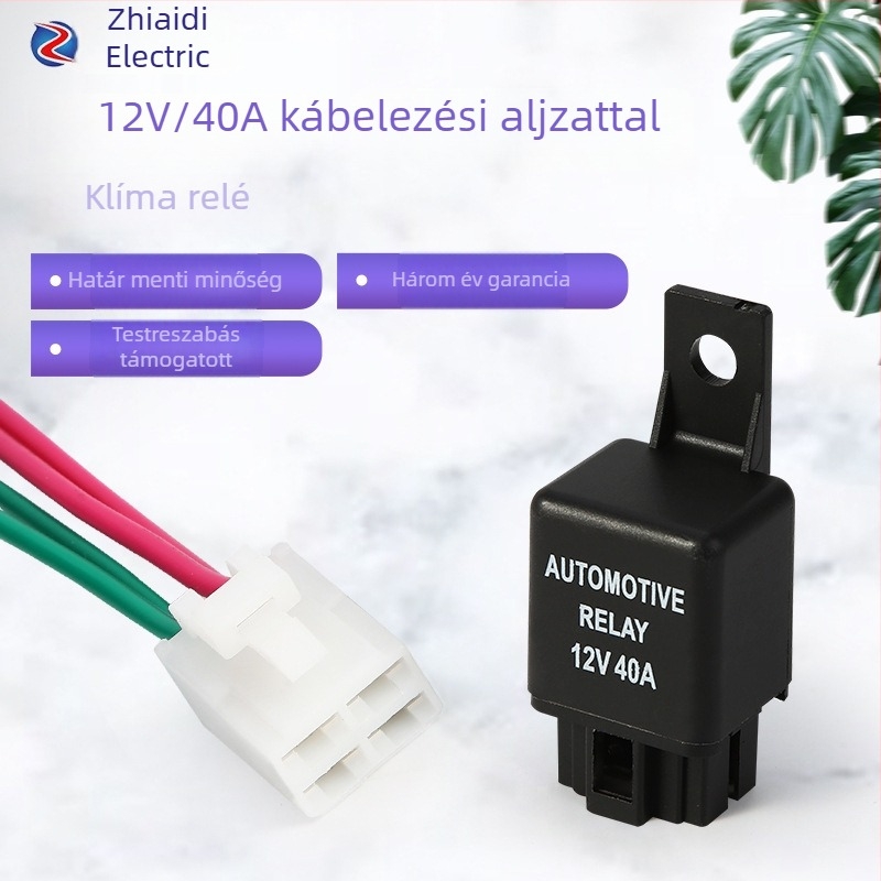 Négyérintéses NO autórelé, 12V 40A, ventilátorokhoz és klímaberendezésekhez, kábelezett csatlakozóval