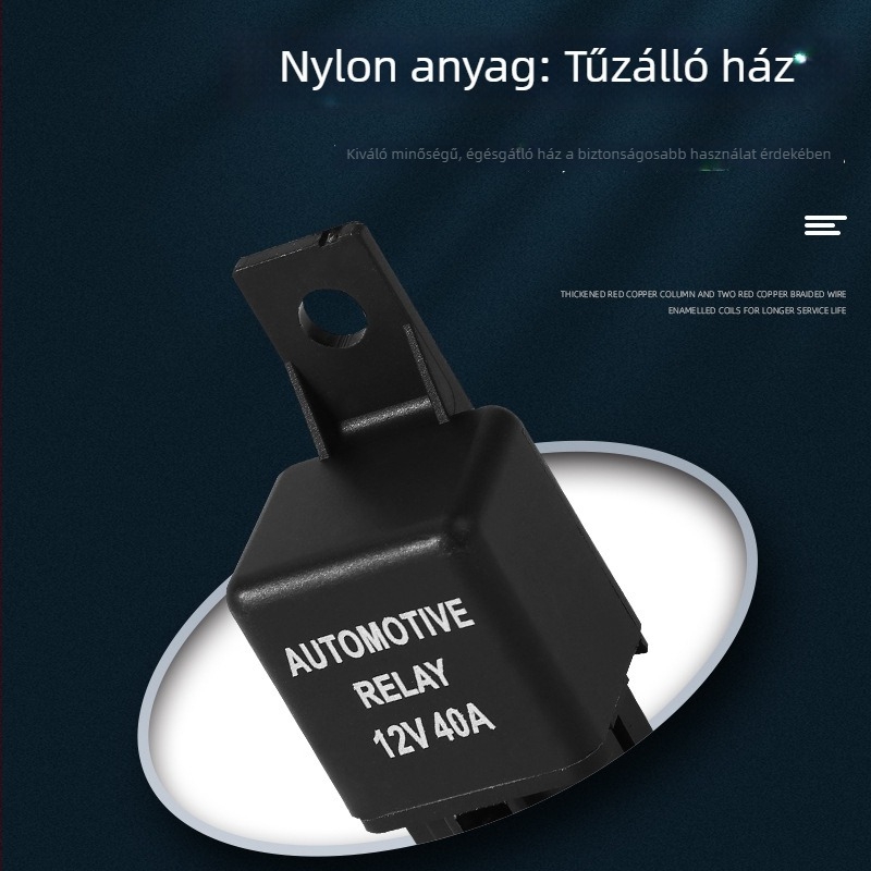 Négyérintéses NO autórelé, 12V 40A, ventilátorokhoz és klímaberendezésekhez, kábelezett csatlakozóval