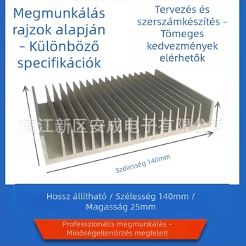 6063 ötvözetű alumínium hűtő, extrudált profil, 140 × 25 mm, erősítőhöz