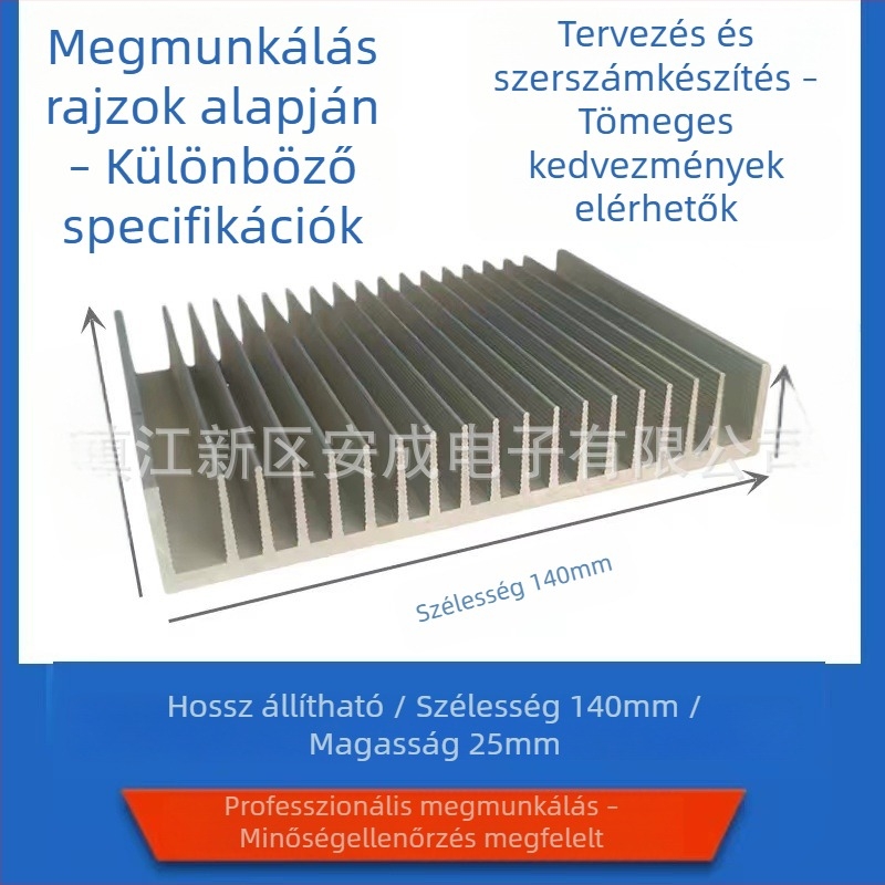 6063 ötvözetű alumínium hűtő, extrudált profil, 140 × 25 mm, erősítőhöz