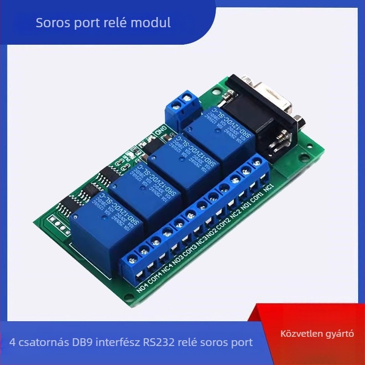4-csatornás RS232 DB9-relé modul garázs- és járműmotorok távirányításához