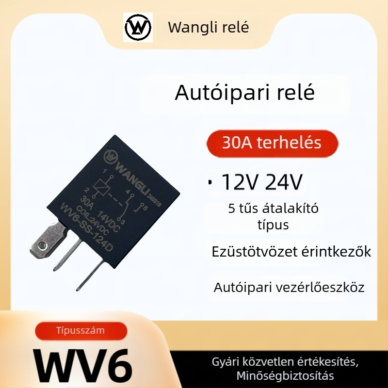 Wang Li WV6 30A 5-pin autórelé ventilátorhoz, klímaberendezéshez és olajpumpához, 12V/24V lila HFV6