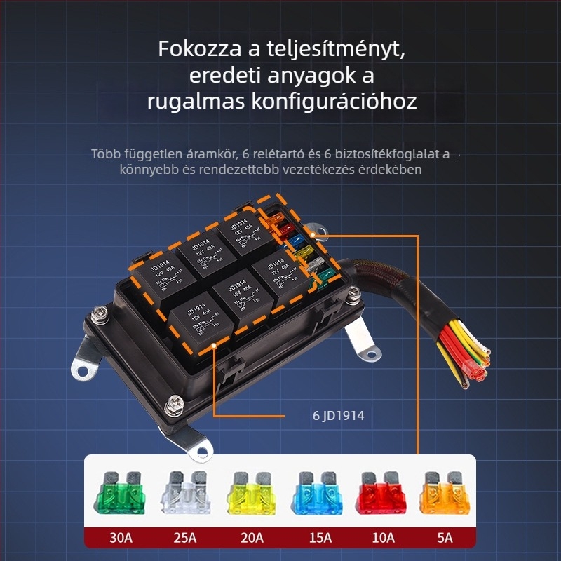 Vízálló 6-utas autórelé-doboz előre bekötött biztosítéktáblával