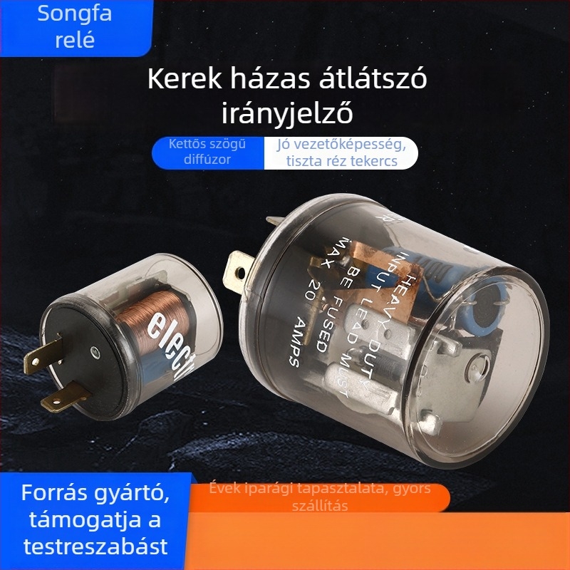 Autóvillogó relé kerek átlátszó házzal és két csatlakozóval