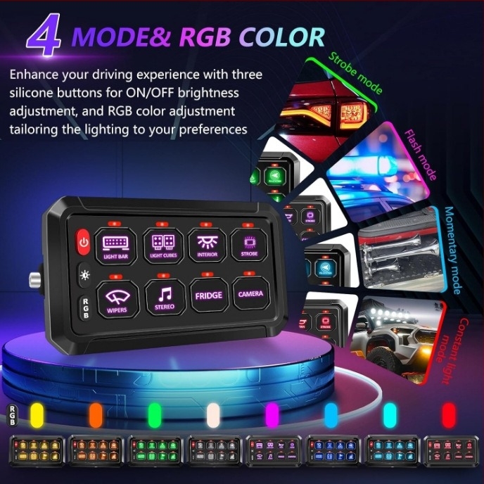 8-csatornás RGB kapcsolópanel és 8 gombos relé doboz autó- és jacht elektromos rendszerekhez