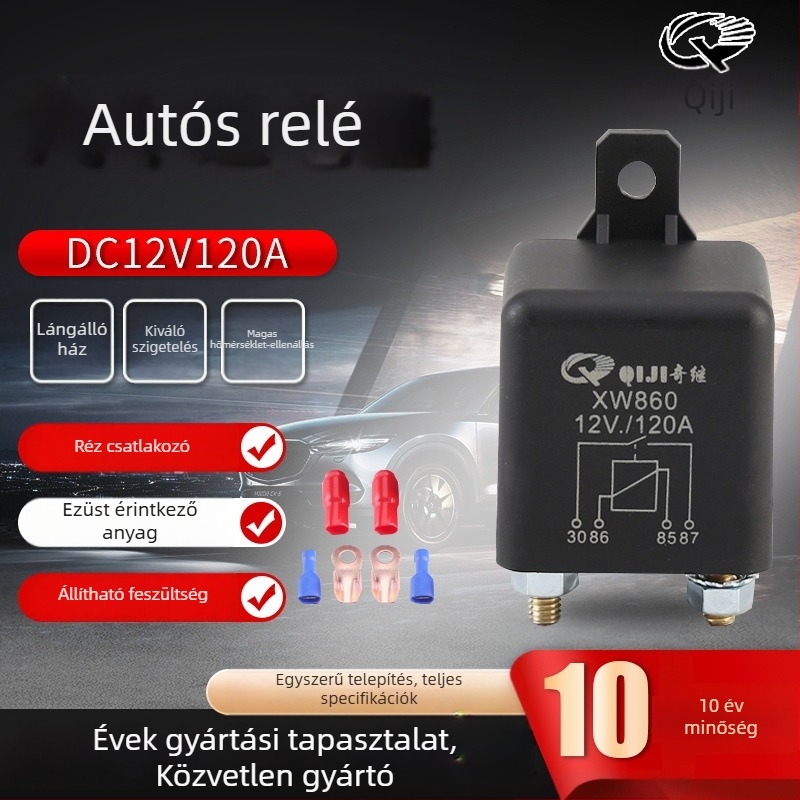 12V relé műanyag szerelő furatokkal, nagy teljesítményű ezüst érintkezők, 120A autó relé csavaros csatlakozókkal