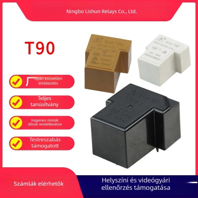 45A DC T90 relé, kompakt négy lábú, NO/NC, közvetlen dugaszolás, 12V/24V, nagy áram