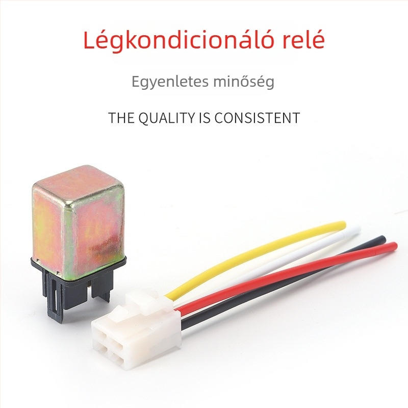 Fém házú autóklíma-relé réz lábakkal és ezüst érintkezőkkel, 12V/24V, 3- vagy 4-pontos kábelcsatlakozó