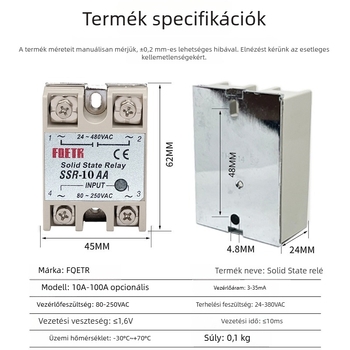 SSR-10AA egyfázisú szilárdtest relé, AC-vezérlés, 220–380 V, kis méret