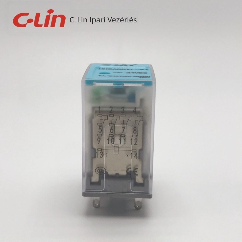 Xinling HHC68BVL-4Z (HH54P, MY4) Elektromágneses relé, 5A, 14 érintkezővel, fényjelzővel