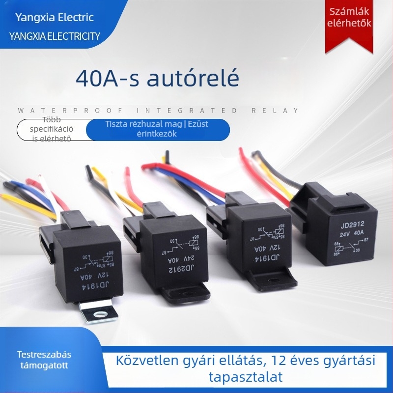 JD autórelé 12V/24V, vízálló fém csatlakozó aljzattal, 4- vagy 5-pins, 40A, vas hátlappal