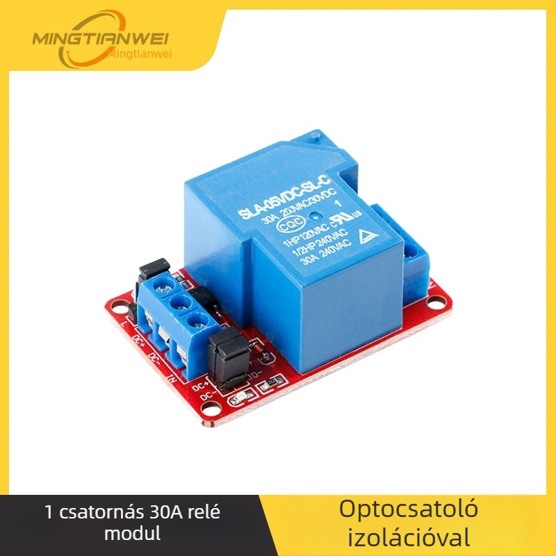 1-csatornás relé modul, 30A, 5V/12V, optokapcsoló izolációval, magas és alacsony szintű trigger támogatás, nagy teljesítmény