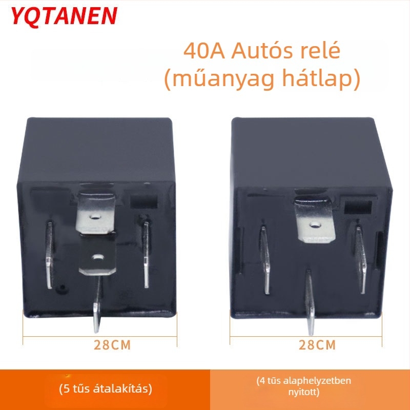 40A 12V/24V gépjármű relé, 4-pin/5-pin műanyag szerelési furatokkal