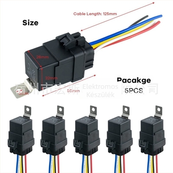 Autó relé 12V/24V, 40A/30A, négypólusú és ötpólusú, kábelcsatlakozóval, öt darabos készlet