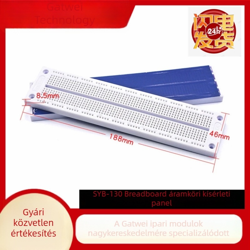 SYB-130 breadboard, perforált prototípuslemez, méretek 19 cm × 4,6 cm × 0,8 cm