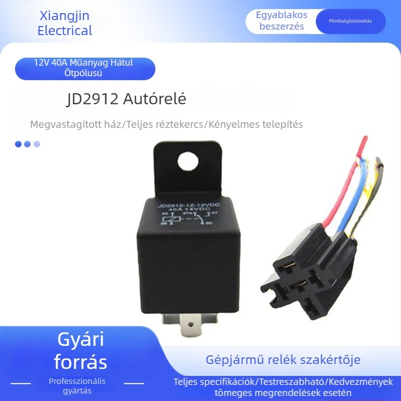 JD2912 autórelé, 12V 40A, autófényszóró módosításhoz és GPS navigációhoz, 5-tűs csatlakozóval