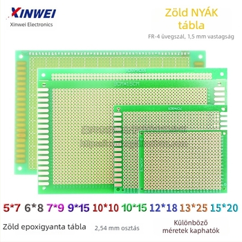 Egyszeroldalas üvegszálas univerzális prototípus PCB lyukakkal, méretek 5×7×9×15×10×20×22×6×8 cm, zöld forrasztómaszk