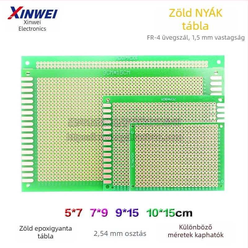 Egyszeroldalas üvegszálas univerzális prototípus PCB lyukakkal, méretek 5×7×9×15×10×20×22×6×8 cm, zöld forrasztómaszk