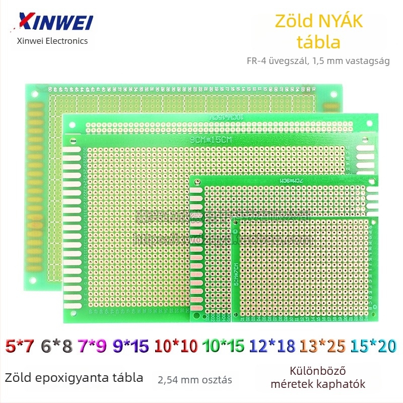 Egyszeroldalas üvegszálas univerzális prototípus PCB lyukakkal, méretek 5×7×9×15×10×20×22×6×8 cm, zöld forrasztómaszk