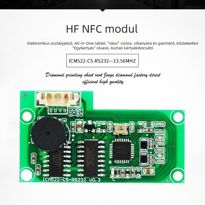 RS232 vagy TTL interfésszel rendelkező RFID/NFC kártyaolvasó modul, beépített magas frekvenciájú olvasó