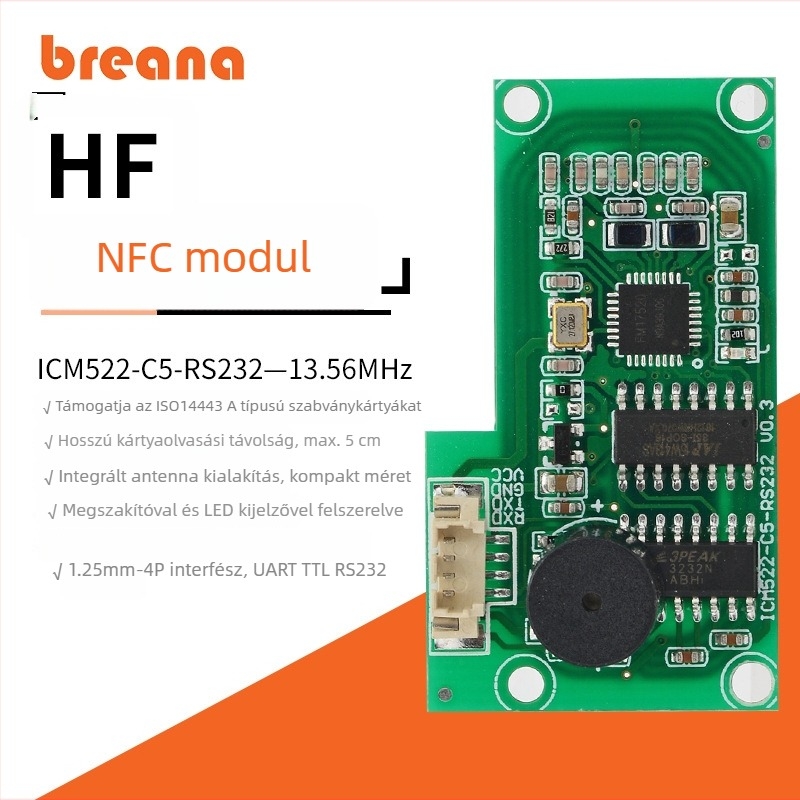 RS232 vagy TTL interfésszel rendelkező RFID/NFC kártyaolvasó modul, beépített magas frekvenciájú olvasó