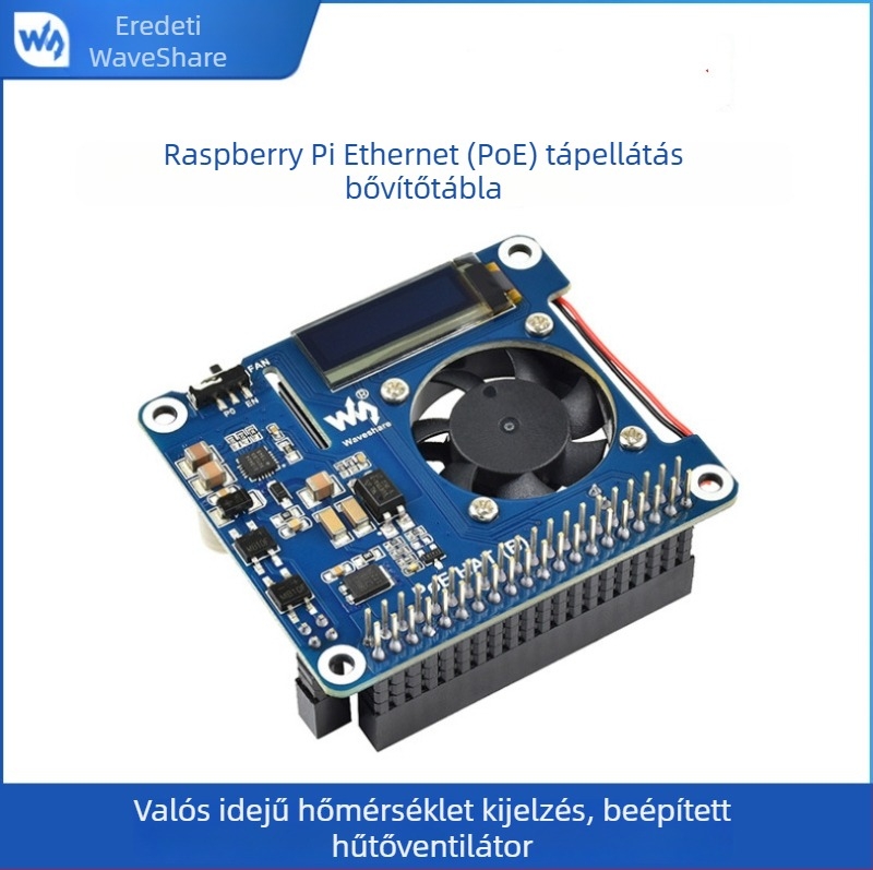 Weixue Raspberry Pi 4B/3B+ Ethernet PoE bővítőlap, valós idejű hőmérséklet-kijelzővel és izolált PoE modul hűtéssel
