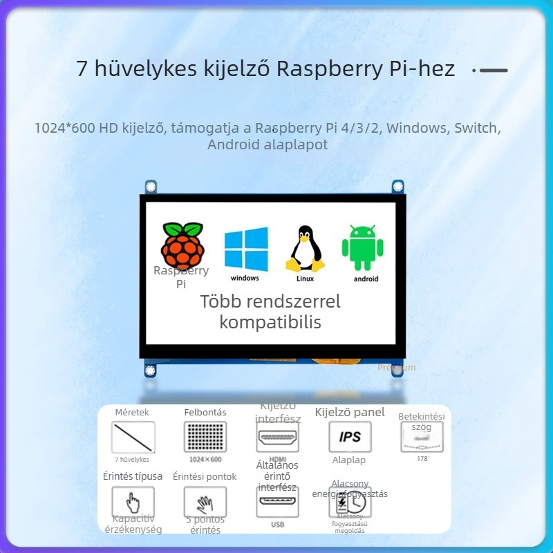 7 hüvelykes kapacitív érintőképernyő Raspberry Pi-hez, HDMI IPS LCD kijelző, meghajtó nélküli, 1024x600 felbontás