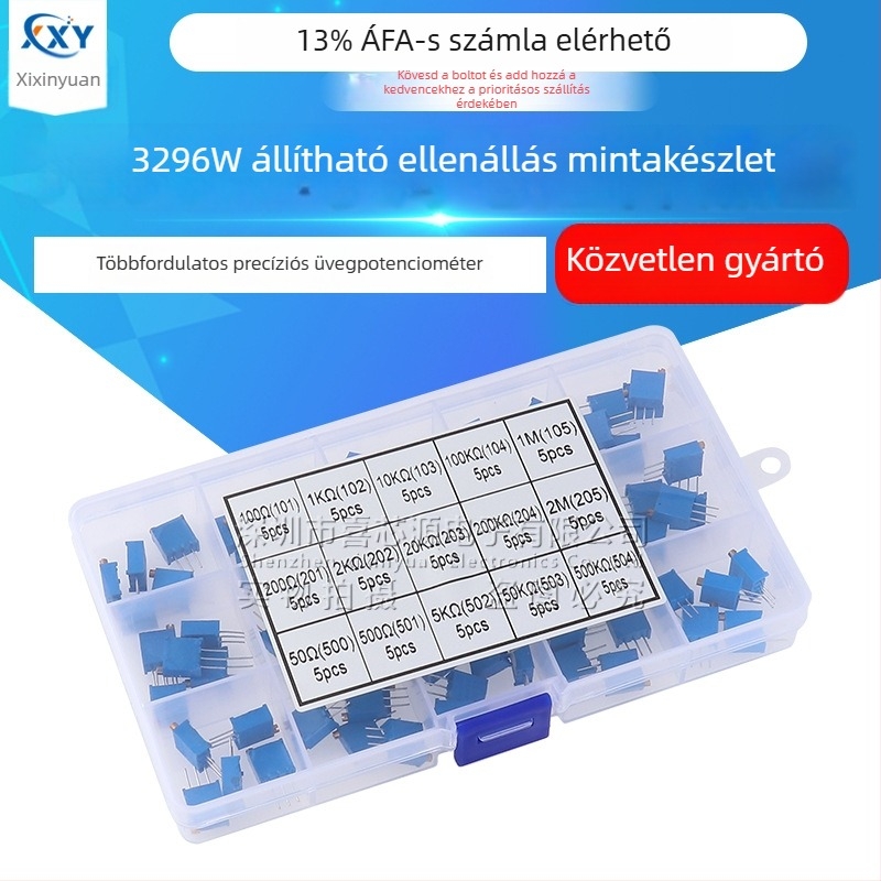 3296W állítható ellenállású potenciométer, 100 kΩ–500 kΩ, többszörös fordulatú precíziós potenciométer